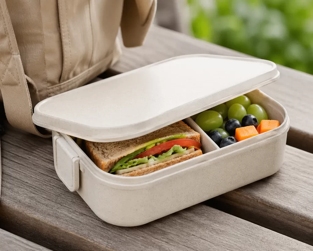 Compacte en milieuvriendelijke lunchbox met verse inhoud, ideaal om makkelijk mee te nemen zonder extra gewicht.