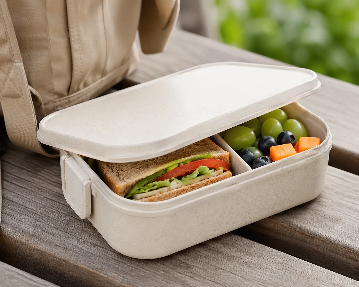 Compacte en milieuvriendelijke lunchbox met verse inhoud, ideaal om makkelijk mee te nemen zonder extra gewicht.