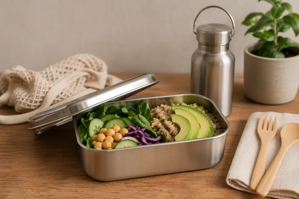 Minimalistische herbruikbare lunchbox van roestvrij staal, ontworpen voor een bewuste en milieuvriendelijke levensstijl.