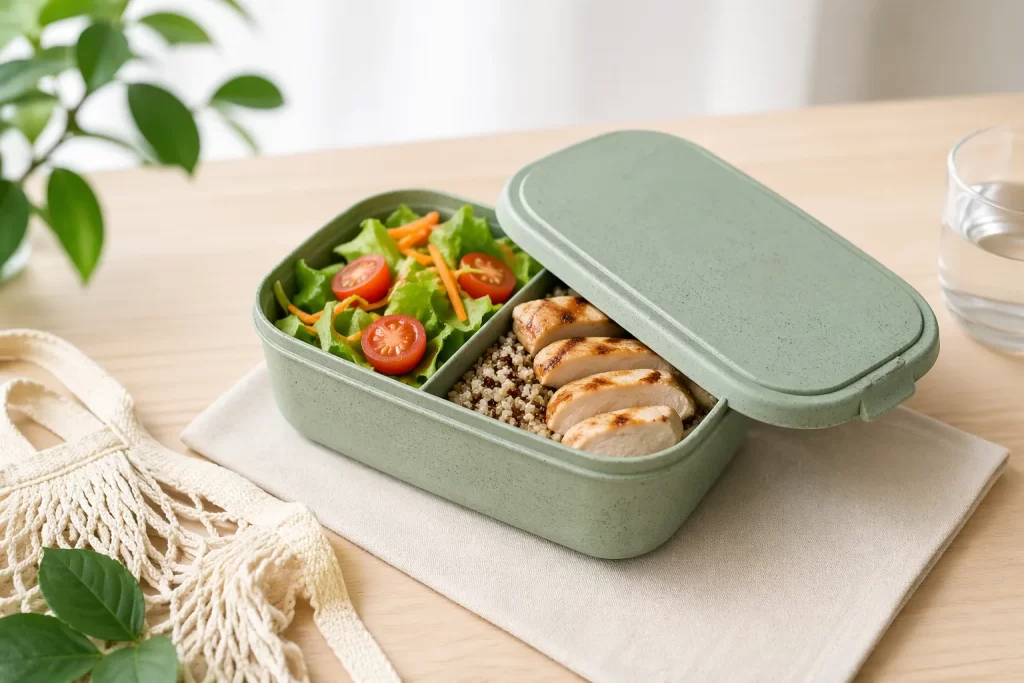 Lichtgewicht en praktische lunchbox, gemaakt van gerecycled materiaal voor een bewuste keuze.