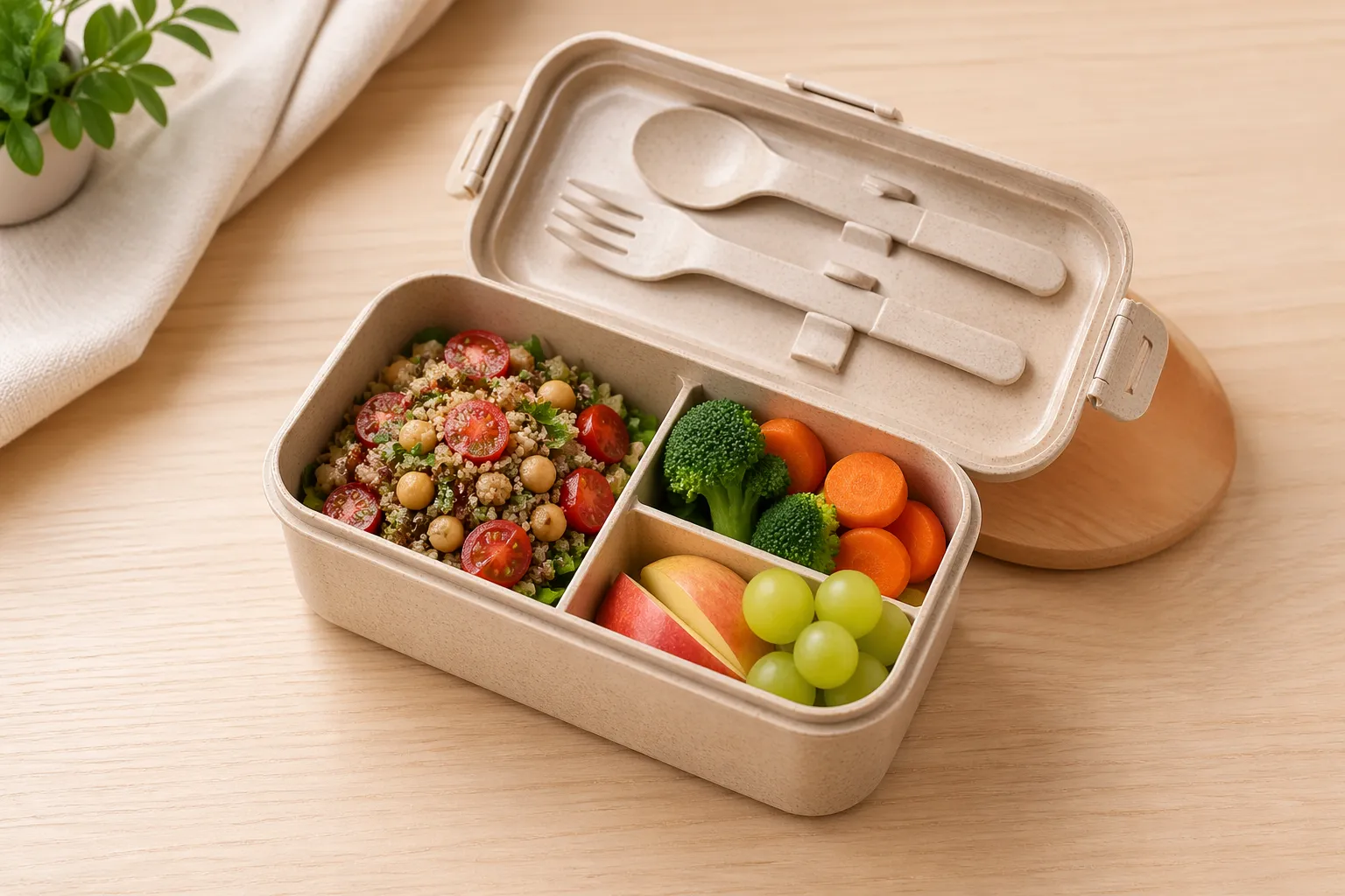 Praktische en milieuvriendelijke lunchbox met ingebouwd bestek en gevarieerde, verse lunch.