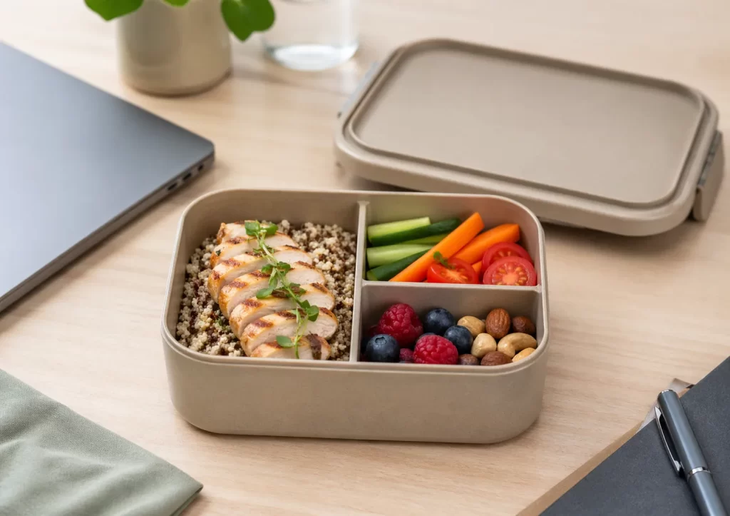 Stijlvolle en praktische lunchbox met gezonde maaltijd, perfect voor een georganiseerde werkdag.