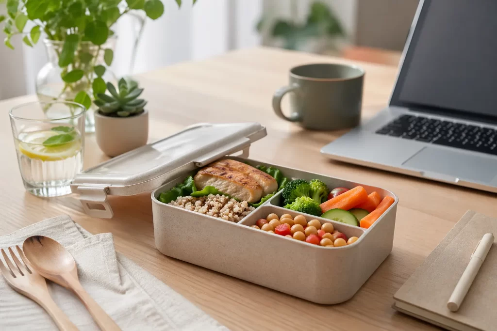 Een milieuvriendelijke lunchbox met gezonde meal prep, perfect voor structuur en focus tijdens het thuiswerken.