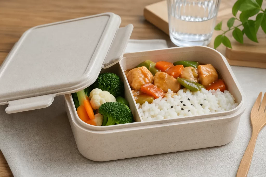 Herbruikbare lunchbox met gezonde, warme maaltijd, ideaal voor meal prep en lunch onderweg.