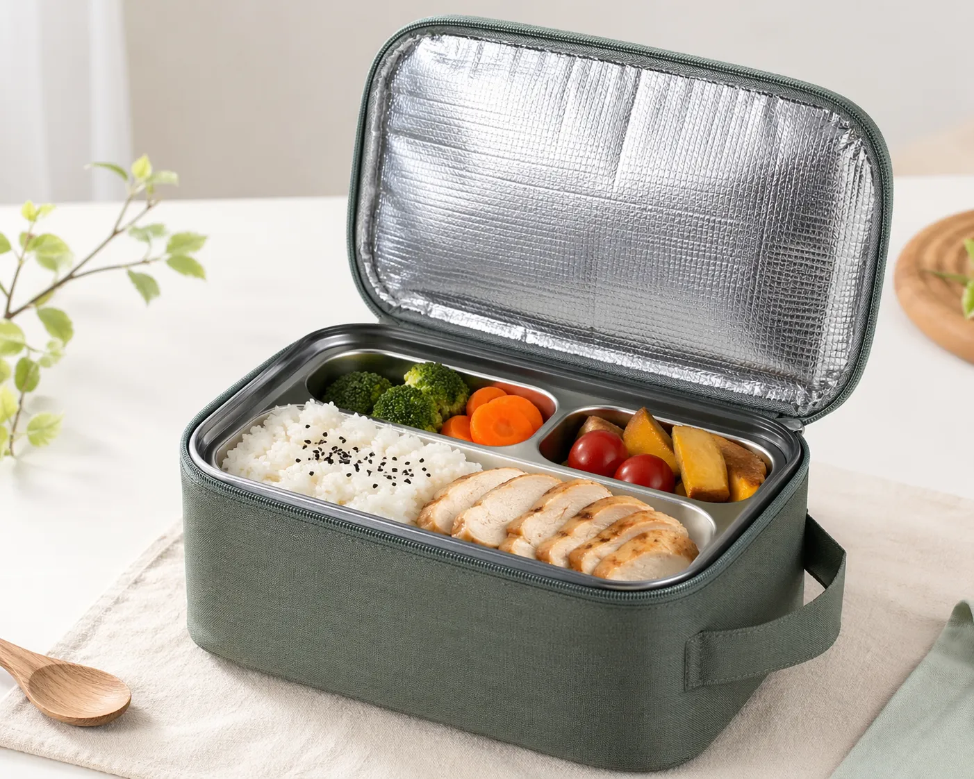 Duurzame lunchbox die eten langer warm of koud houdt en makkelijk mee te nemen is.