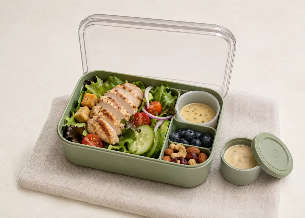 Handige lunchbox met aparte compartimenten en sausbakje, ideaal voor salade en gevarieerde maaltijden.