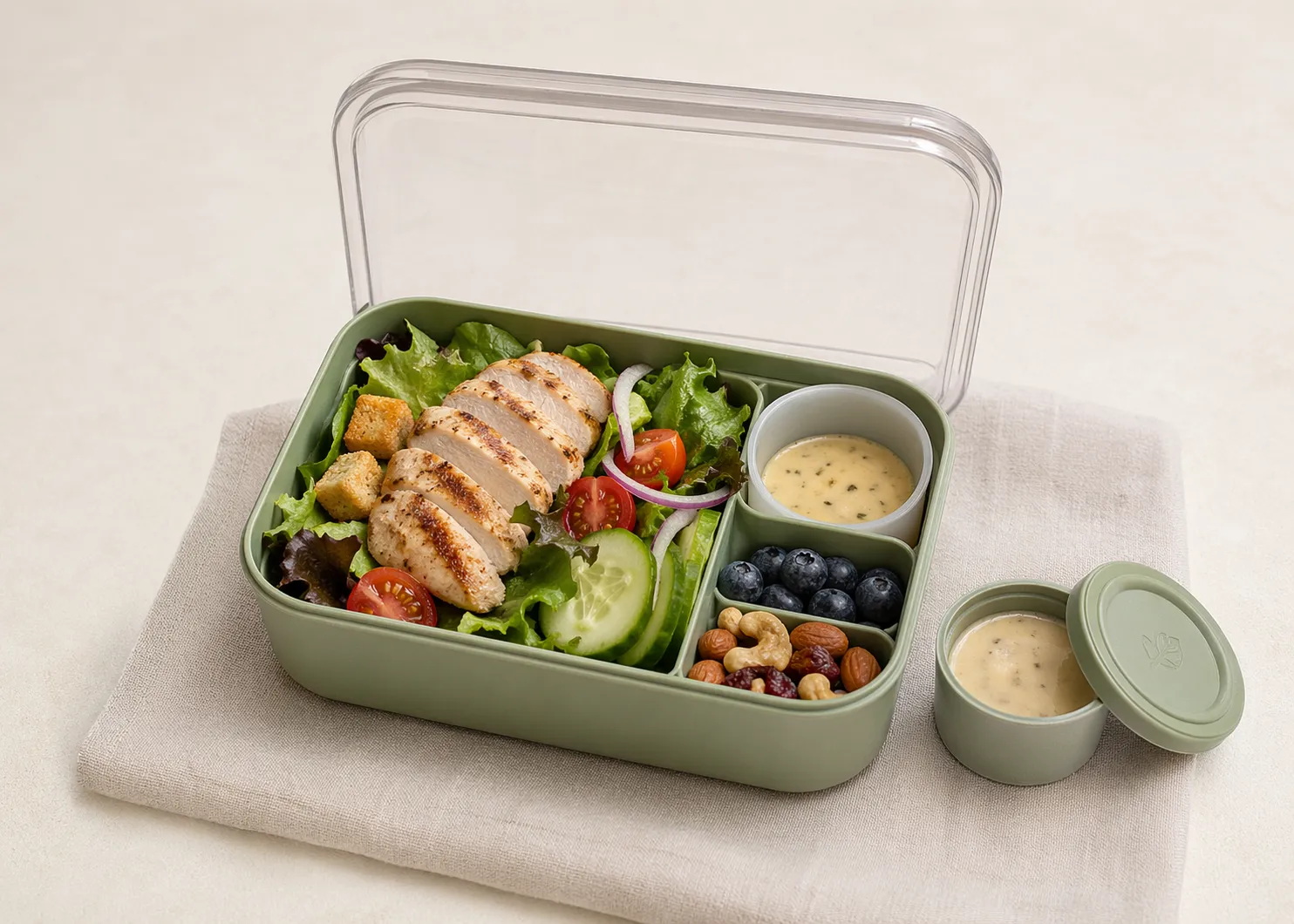 Handige lunchbox met aparte compartimenten en sausbakje, ideaal voor salade en gevarieerde maaltijden.
