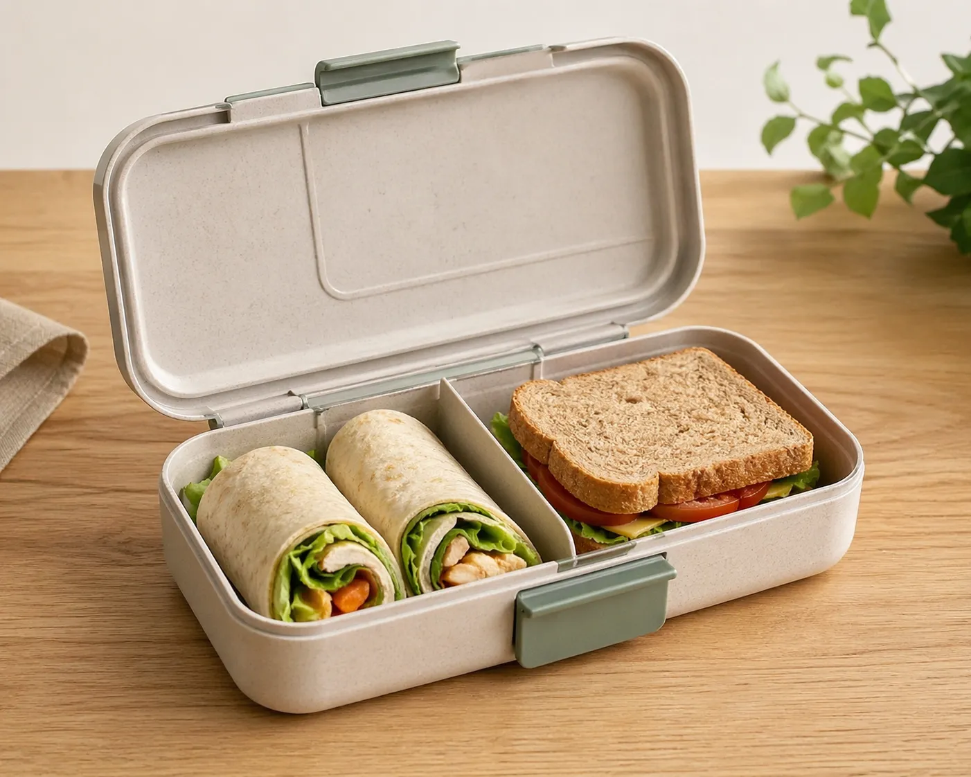 Praktische en milieuvriendelijke lunchbox die wraps en brood netjes op hun plek houdt zonder te pletten of te lekken.