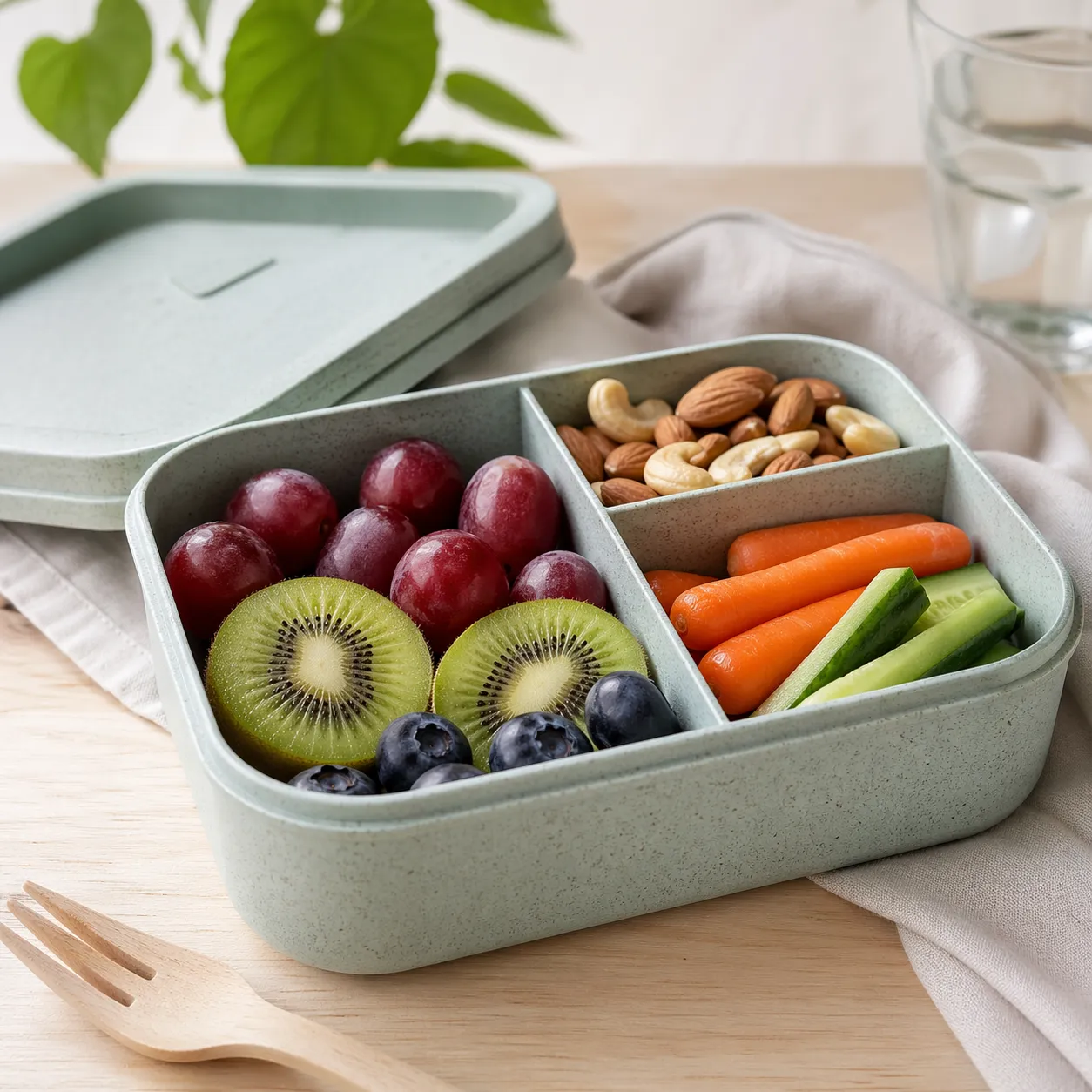 Een milieuvriendelijke lunchbox gevuld met vers fruit en gezonde snacks, ideaal voor onderweg, werk en tussendoor.