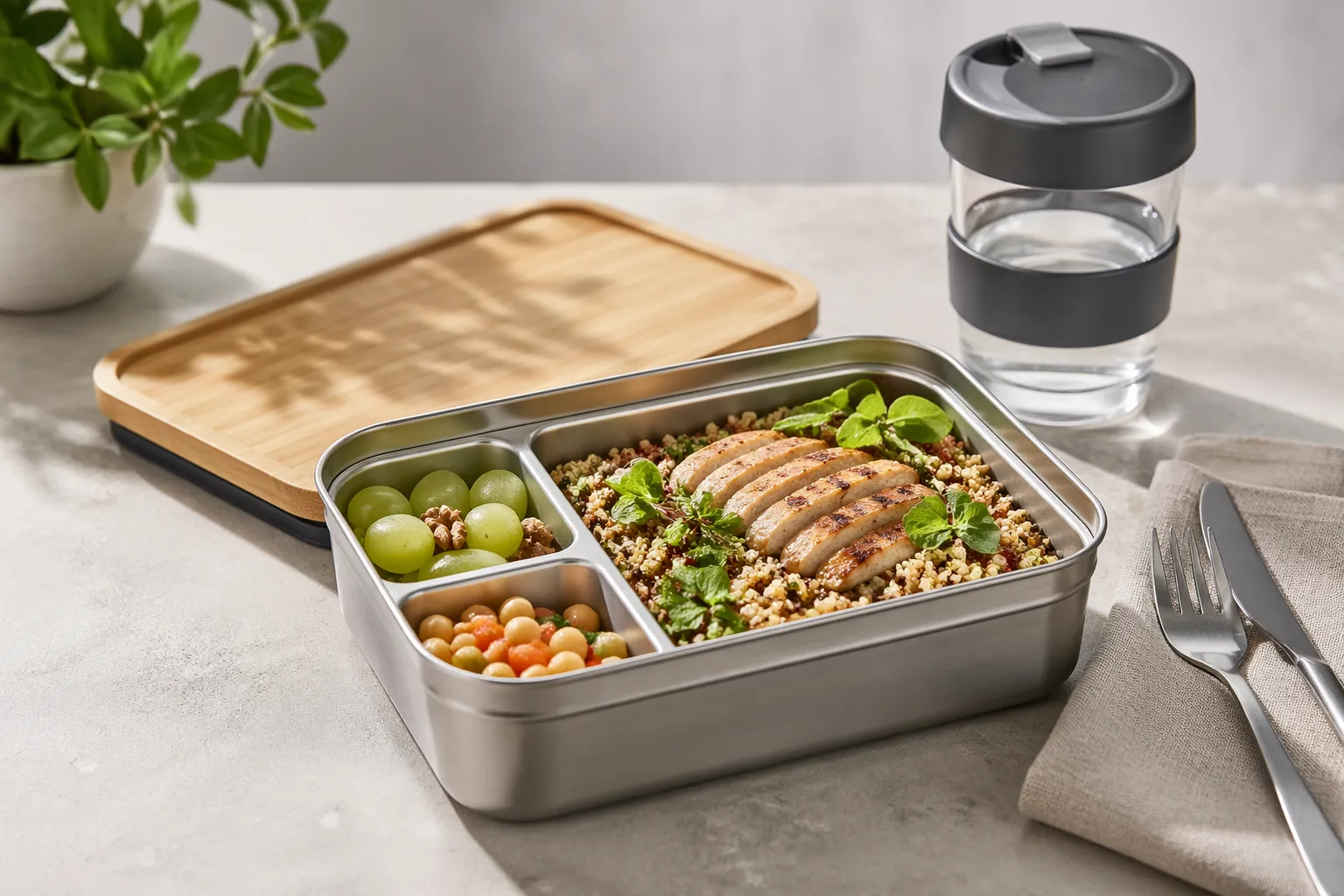 Een stijlvolle, herbruikbare lunchbox met een moderne en minimalistische uitstraling.